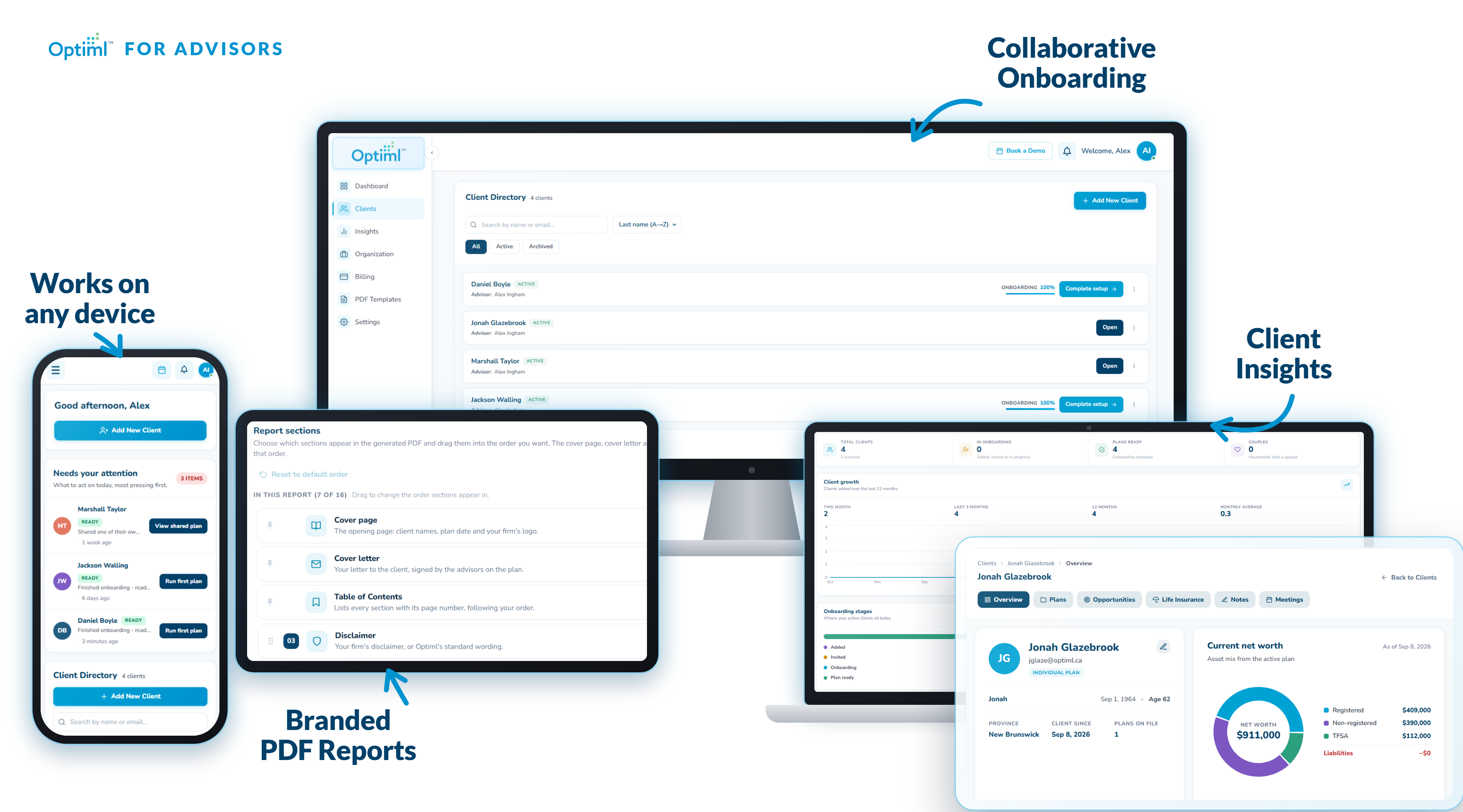 Optiml for advisors on phone, tablet, desktop, and laptop, showing client onboarding, branded reports, and book insights