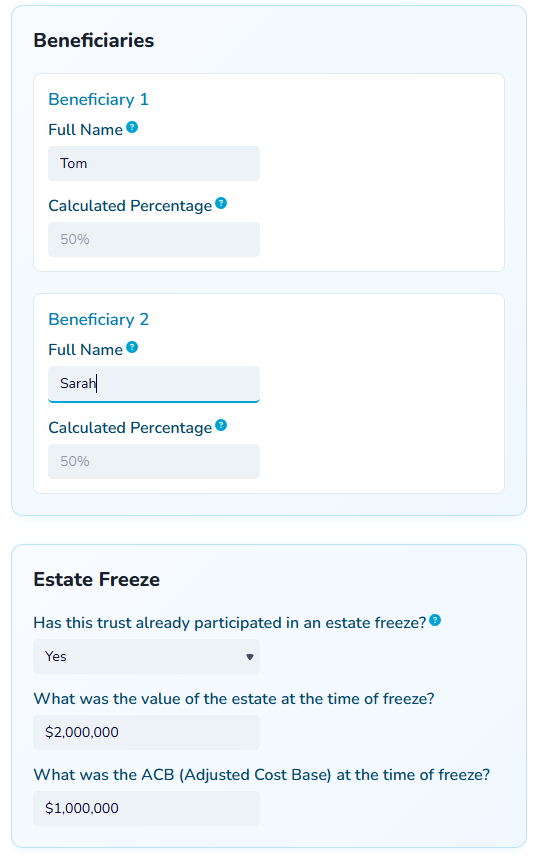 Trust setup screen with beneficiary selection