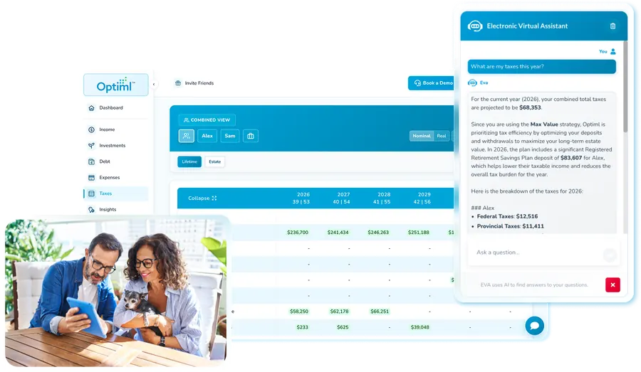 EVA, the Optiml AI assistant, answering a Canadian retirement planning question inside the app