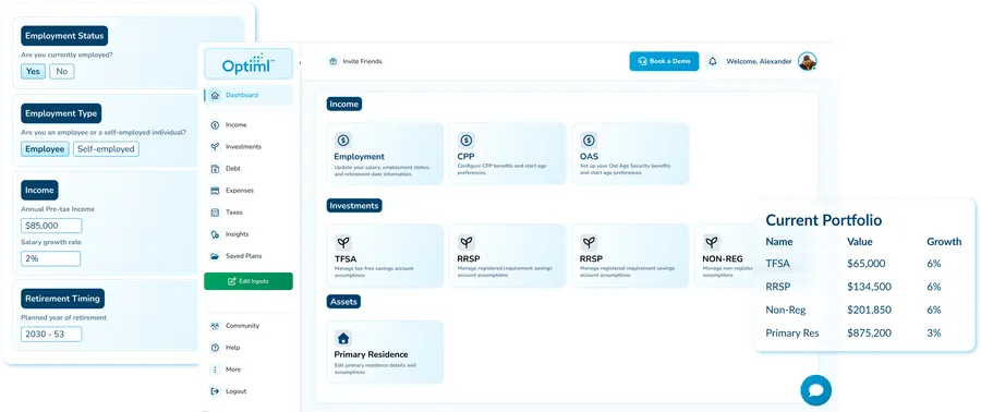 Optiml data input screen showing income, assets, and investments