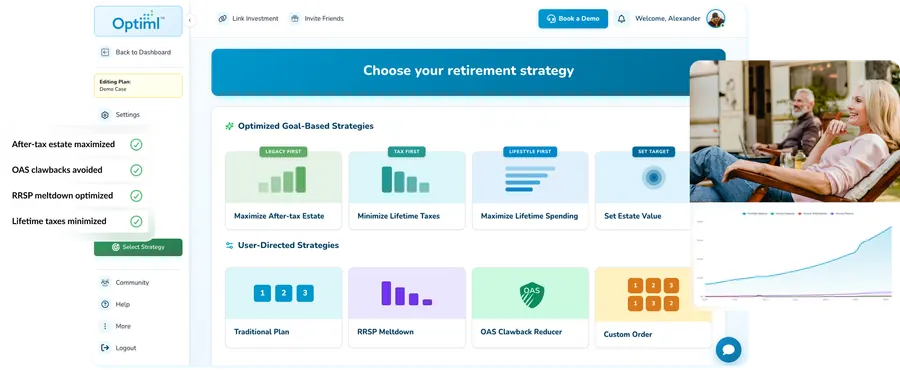 Optiml strategy panel where you pick your plan goal and what to optimize toward